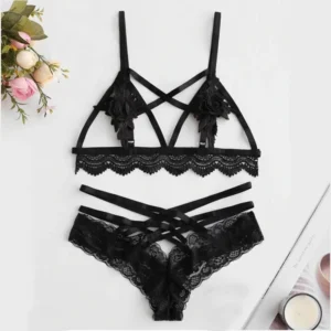 Black Flowers Criss Cross Lingerie Set - Image 1